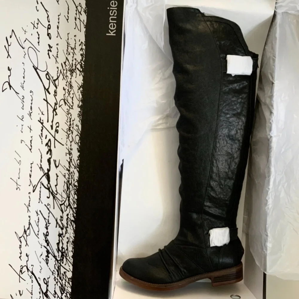 Kensie Women's Stella Black Leather Riding Motorcycle Over Knee High Boots 6.5